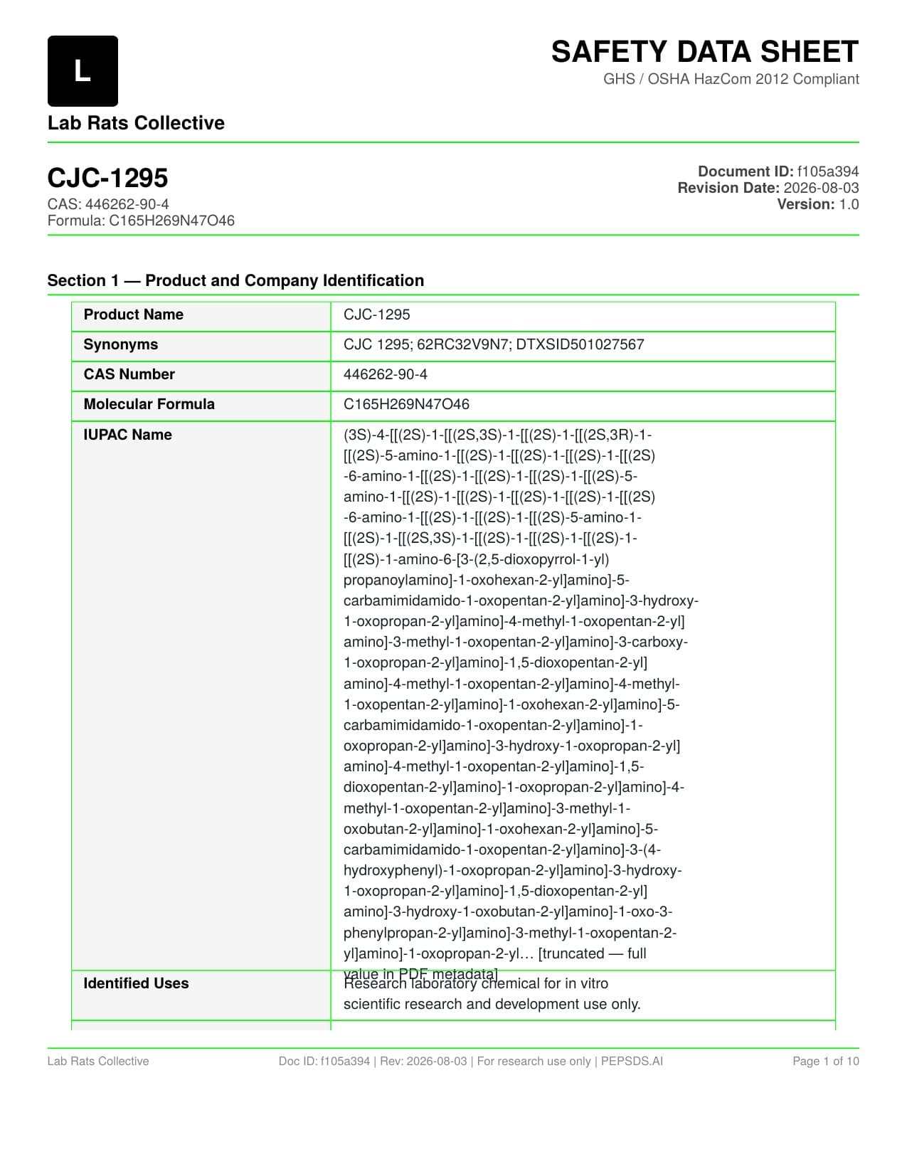 CJC-1295+IPA no DAC 10mg Safety Data Sheet